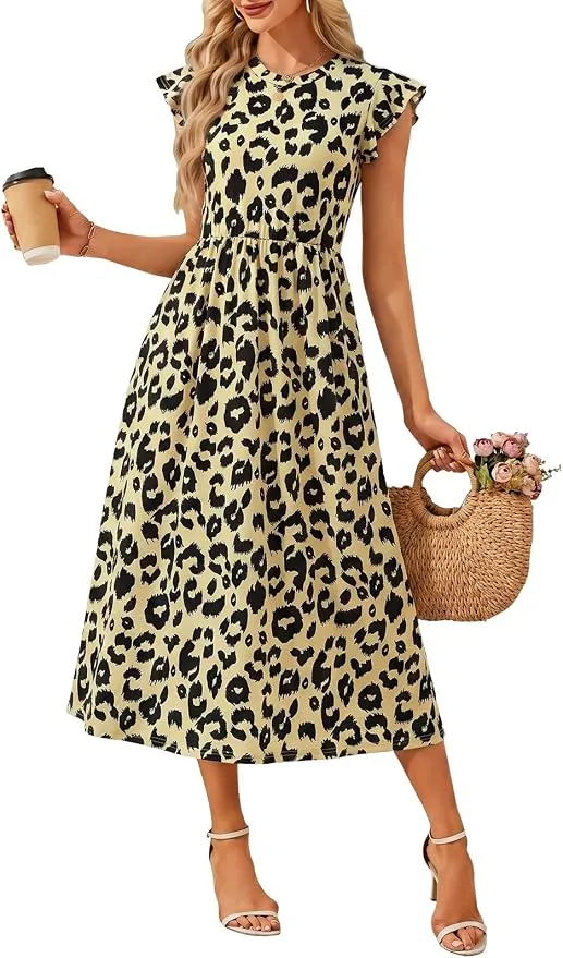 Fashora Vestido Largo Verano Mujer Vestido Casual Cuello Redondo Cintura Alta Cintura Elástica Manga Volante Vestidos Boho Playa Fluido Línea A