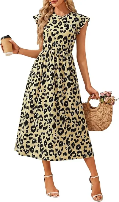 Fashora Vestido Largo Verano Mujer Vestido Casual Cuello Redondo Cintura Alta Cintura Elástica Manga Volante Vestidos Boho Playa Fluido LÃnea A