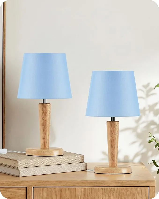 Lámpara de Mesa de Madera con Pantalla de Lino Azul (Juego de 2)