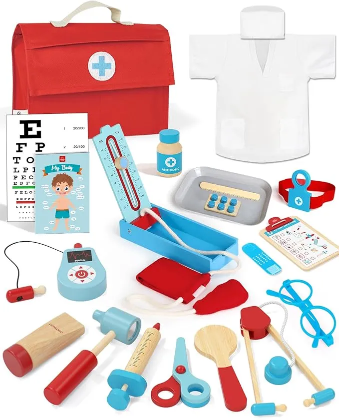 Lehoo Castle Maletín Médico de Juguete de Madera para Niños (Azul)