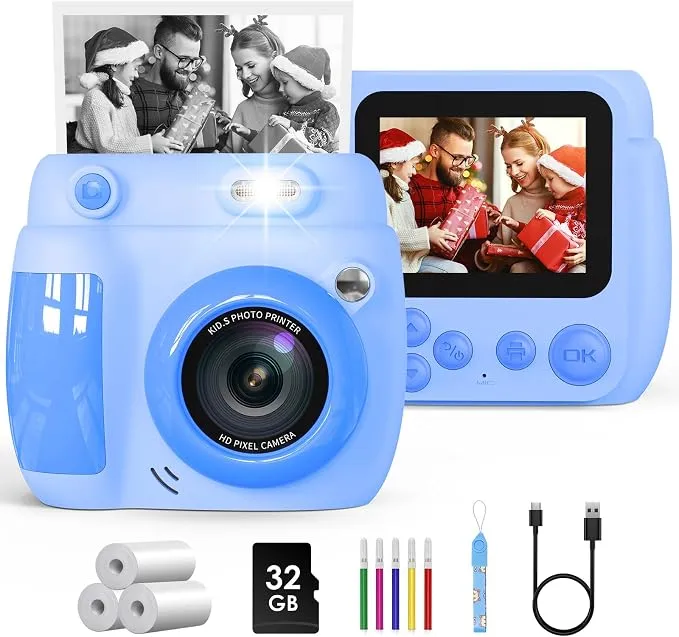 Cámara Instantánea para Niños, Cámara Digital Infantil 1080P de 2.4" con Tarjeta 32GB y 3 Rollos de Papel Térmico, Juguete Regalo de Cumpleaños para Niños y Niñas de 3 a 12 Años, Azul