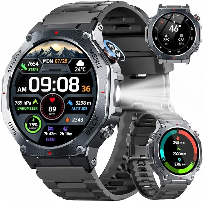 Reloj Inteligente Hombre Militar GPS y Linterna LED, Smartwatch Deportivo AMOLED