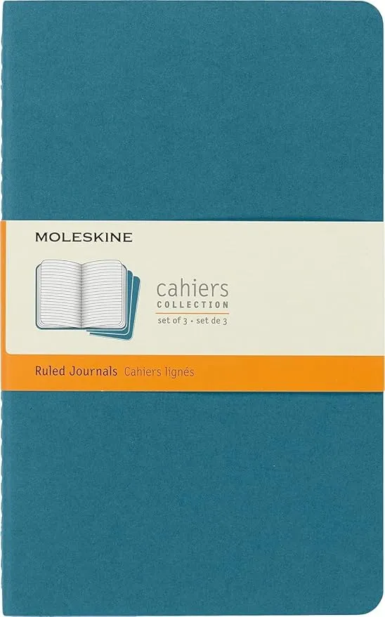 Moleskine Cahier Journal, Set de 3 Cuadernos Rayados, Tapa de Cartón con Costura Vista en Algodón, Azul Brillante, Large 13 x 21 cm