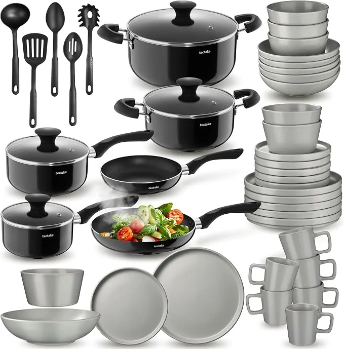 tectake® Juego de Vajilla Completa 45 Piezas - Elegancia Gris/Negro para tu Cocina