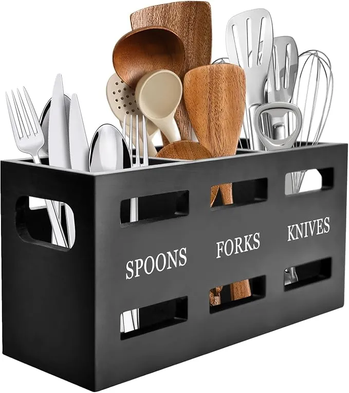 Yiomxhi Bote Utensilios Cocina Madera 3 Compartimentos Negro