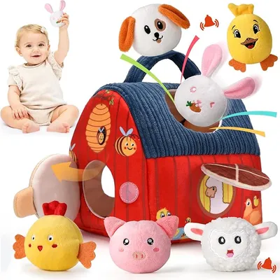 VORENUS Juguete Montessori Granja Blanda para Bebés 6-12 Meses con 6 Animales y Sonajas