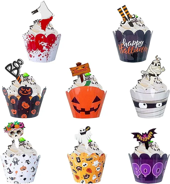 Jiuzcare Decoración de Halloween - 48 Toppers para Cupcakes y Tarta