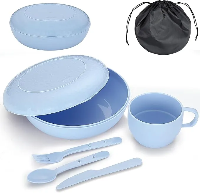 Evanda Kit Vajilla Camping, Plato, Taza, Cuchara, Tenedor, Cuchillo y Bolsa de Transporte, Reutilizable Accesorios para Acampar Equipo Esencial Ligero y fácil de Transportar o Poner en la Mochila