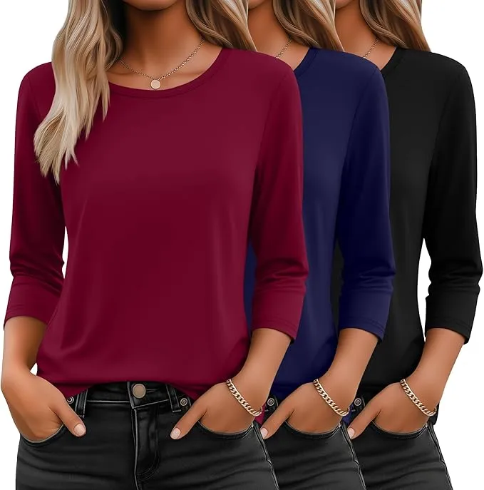 Ficerd Pack de 3 Camisetas de Manga 3/4 para Mujer