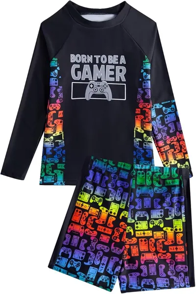 JiAmy Traje De Baño Infantil Verano Manga Larga Degradé Consola Juegos Shorts Protección UV Talla 8-14 Años