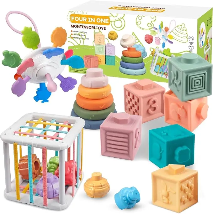 Lote 4 en 1 Juguetes Montessori Bebés: Sensoriales, Apilables, Cubos y Bloques