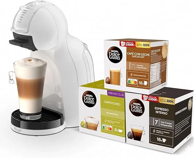 De’Longhi NescafĂ© Dolce Gusto Mini Me 2 – Cafetera de Cápsulas Automática, 15 Bar, Control LED, Bebidas Calientes y FrĂas, Diseño Compacto, Bundle 3 Packs de Cápsulas Intensas, Blanca (EDG335.W)