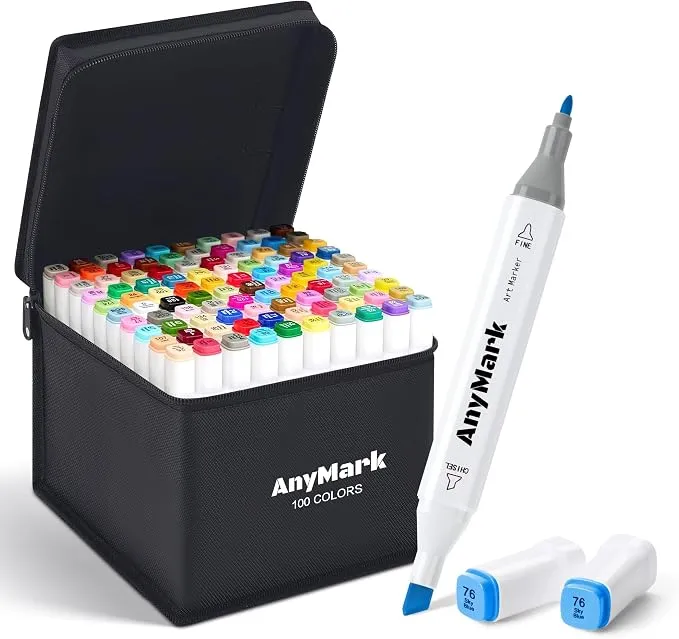 Rotuladores de Alcohol AnyMark 100 Colores Punta Biselada y Fina