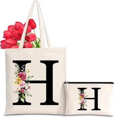 Letras Personalizadas Tote, Bolso Tote de Mujer con Inicial y Flores Bolsa de Compras con Bolsillo Interior