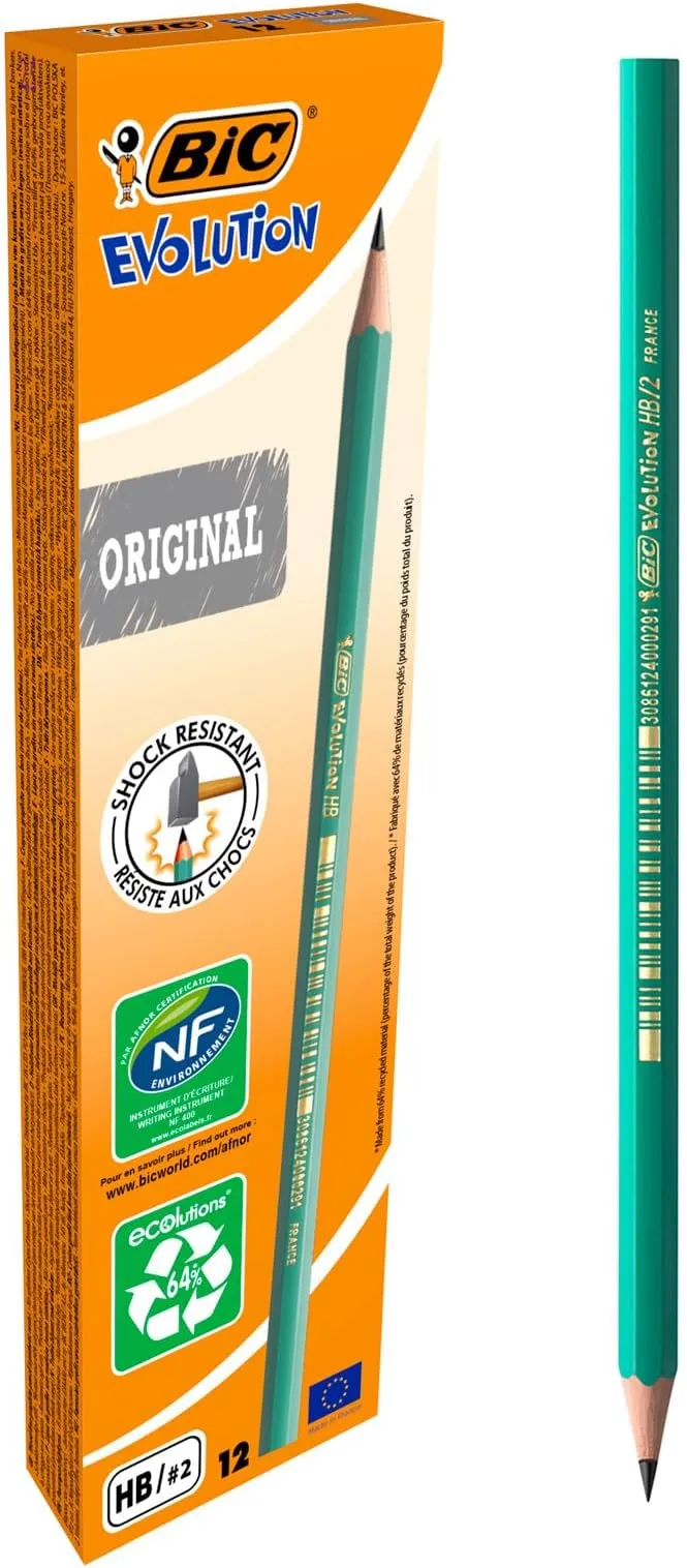BIC Evolution Original HB, lápices con mina irrompible, agarre firme, color gris, paquete de 12 unidades