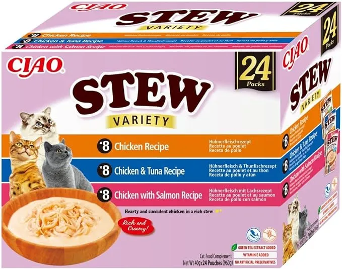 INABA Ciao Stew Gatos Multipack Pollo, Atún y Salmón 960g (24 Sobres)