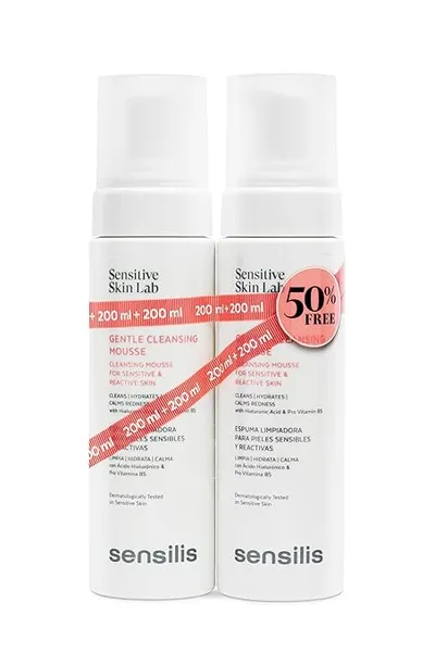 Sensilis - Pack Gentle Cleansing Mousse Espuma Limpiadora, Hidratante Calmante Antipolución, con Ácido Hialurónico Vitamina B5, Pieles Sensibles Reactivas - 2 x 200 ml