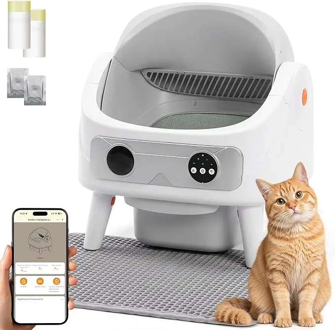 Arenero Gatos Autolimpiable Abierto AMIPOW 80L+11L con Control App y Accesorios