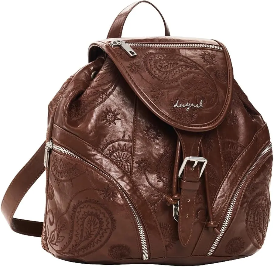 Desigual Mochila Mujer Marrón Efecto Piel Solapa Hebilla Metálica