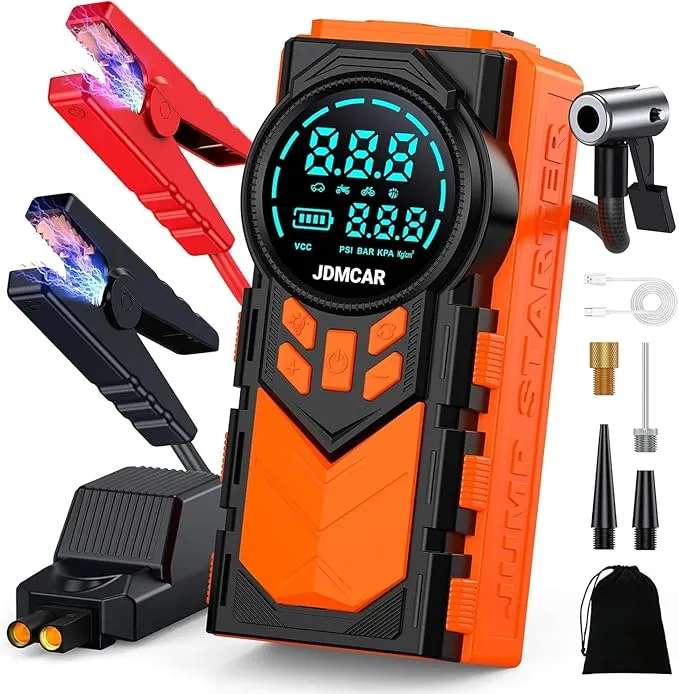 JDMCAR Arrancador de Baterías Coche Compresor 4 en 1 con Pantalla LCD 11000A 12V