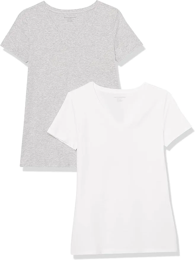 Camiseta Básica de Manga Corta con Cuello en Pico Mujer Pack de 2