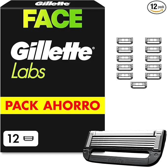 GilletteLabs Cuchillas de Afeitar Hombre, Pack de 12 con 5 Hojas y Banda Lubricante