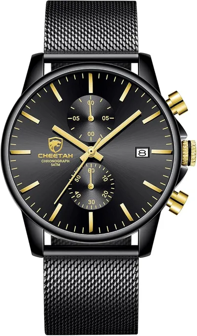 GOLDEN HOUR Reloj de Cuarzo analógico de Malla de Acero Inoxidable a Prueba de Agua con cronógrafo Minimalista de Moda para Hombre con Fecha automática