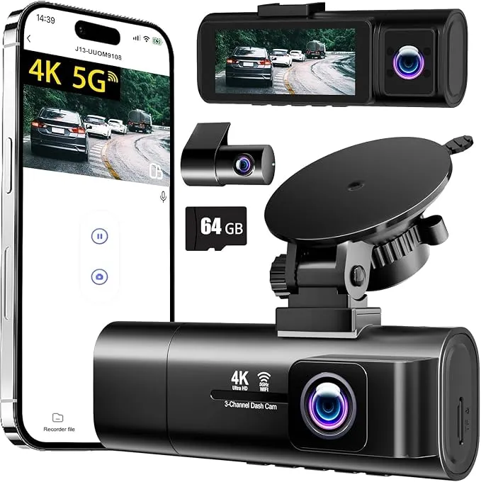 Cámara de Coche 4K con Triple Lente, WiFi y Visión Nocturna