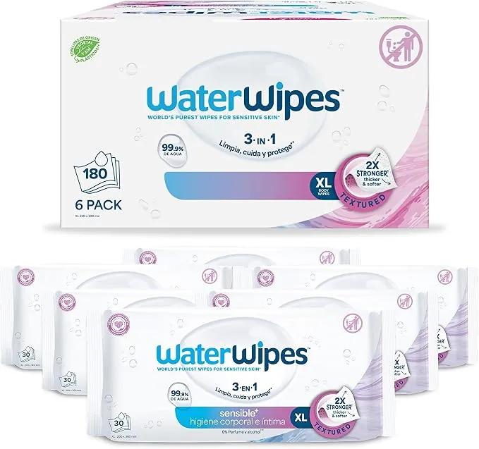 WaterWipes Sensitive+ Toallitas XL para Cuerpo e Íntimo (99.9% Agua, Sin Perfume)
