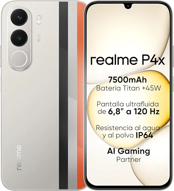 Smartphone realme P4X 4G, 4GB+256GB, Pantalla LCD 120Hz 6,8", BaterÃa Titan 7500mAh, Carga rápida 45W, Carga inversa 6W, Antichoque MIL-STD 810H, IP64, Sistema Next IA, Blanco Rally (Sin Cargador)
