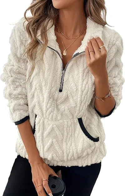 RUISHH Jersey Polar Jacquard Mujer con Cuello Alto y Cremallera - Blanco XXL