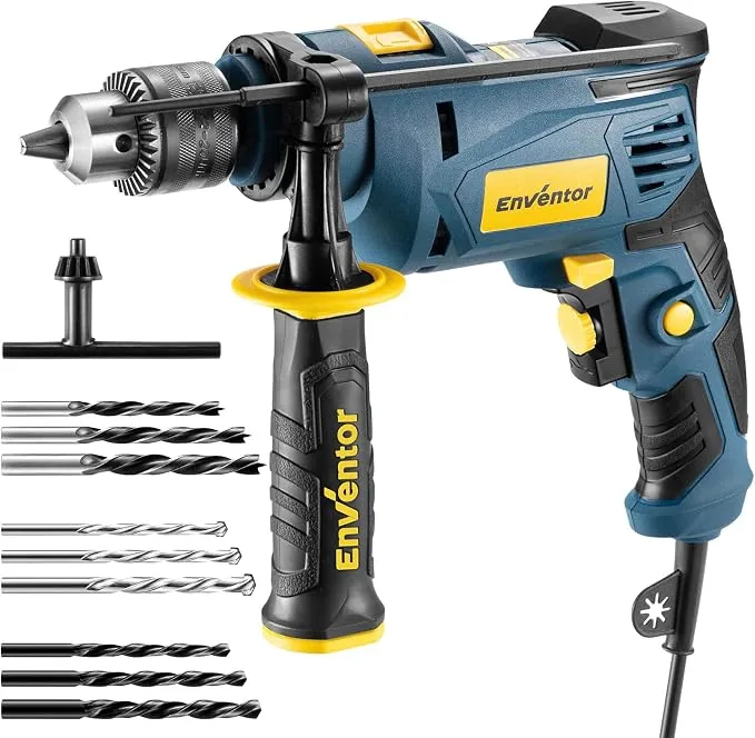 Enventor Taladro Percutor con Cable 750W, Mango Auxiliar 360°, Velocidad Variable