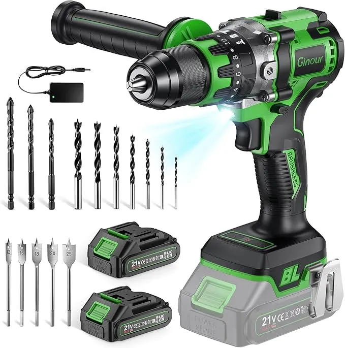 Taladro Percutor a Batería Ginour 21V sin Escobillas con 2 Baterías y 22 Accesorios