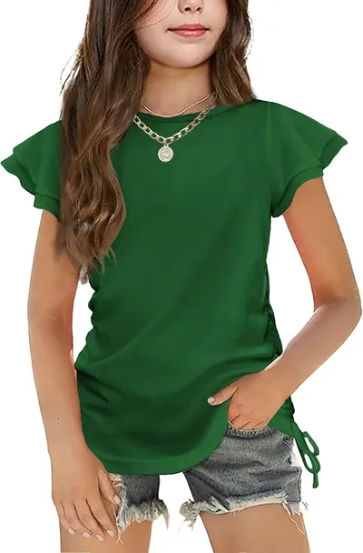 Arshiner Camiseta Verde Niña Mangas Volantes Estilo Informal Cordón 11-12 Años