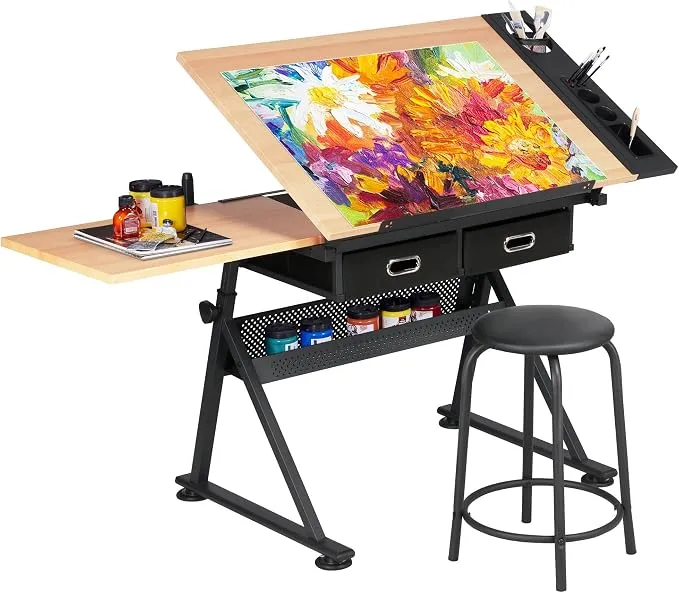 Mesa de Dibujo Inclinable Yaheetech con Banco Ajustable Roble