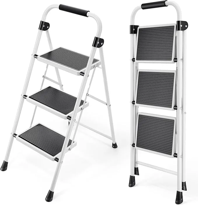KINGRACK Escalera Plegable de 3 Escalones con Pedal Antideslizante y Asa