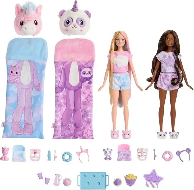 Barbie Cutie Reveal Fiesta de Pijamas, Pack de regalo con dos muñecas y muchos accesorios, +3 años