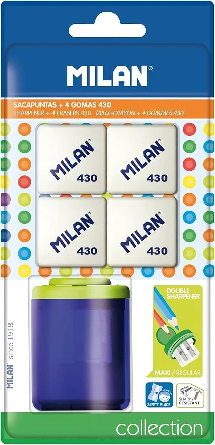 Blister Sacapuntas Collection School + 4 Gomas de Borrar Milan