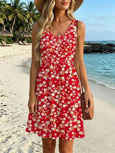 Vestido de verano sin mangas con cuello redondo para mujer