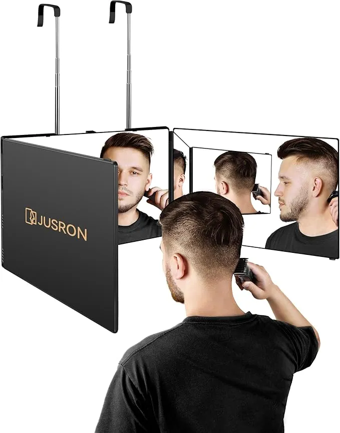 JUSRON Espejo de 3 Vías 360º Portátil con Gancho Retráctil, Altura Ajustable