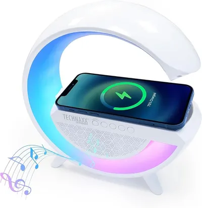 Technaxx Lámpara LED Multifunción con Altavoz Bluetooth y Carga Inalámbrica 10W
