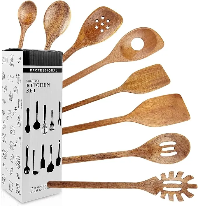 Pack 8 Piezas Cuchara de Madera para Cocinar Antiadherente