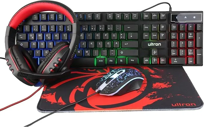 Ultron Hawk - Pack Gaming 4 en 1 con Teclado RGB, Ratón 6400 DPI, Auriculares y Alfombrilla