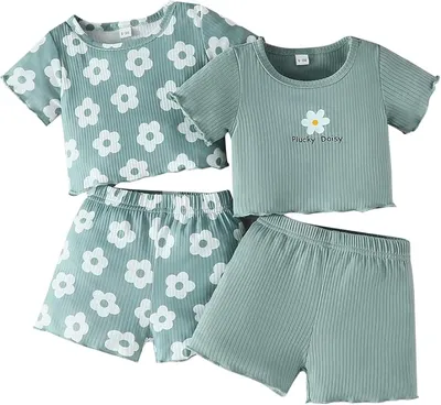 LUVCES Conjuntos de Ropa para Niñas Manga Corta Volantes Acanalados Verde (4 Piezas)