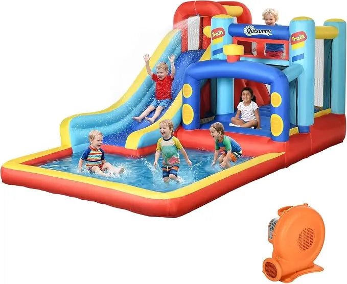 Outsunny Castillo Hinchable 4 en 1 con Tobogán y Piscina para Niños