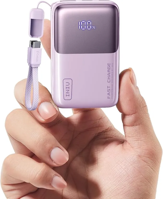 INIU Power Bank, Ultra Mini 45W Carga Rápida 10000mAh Bateria Externa con Cable USB C Desmontable, Apto para Avión & Esenciales de Viaje, Bateria Portatil para iPhone 17 16, Xiaomi, Morado Claro