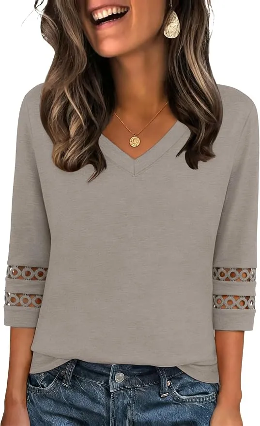 Blusa Zeagoo de Encaje con Cuello en V y Manga 3/4 para Mujer