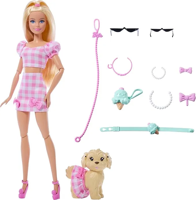 Barbie Twinning Looks Muñeca con perrito y ropa vichy rosa a juego