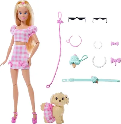 Barbie Twinning Looks Muñeca con perrito y ropa vichy rosa a juego