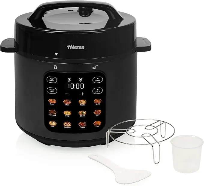 Tristar Olla a Presión Eléctrica 6L con 12 Programas y 1000W de Potencia